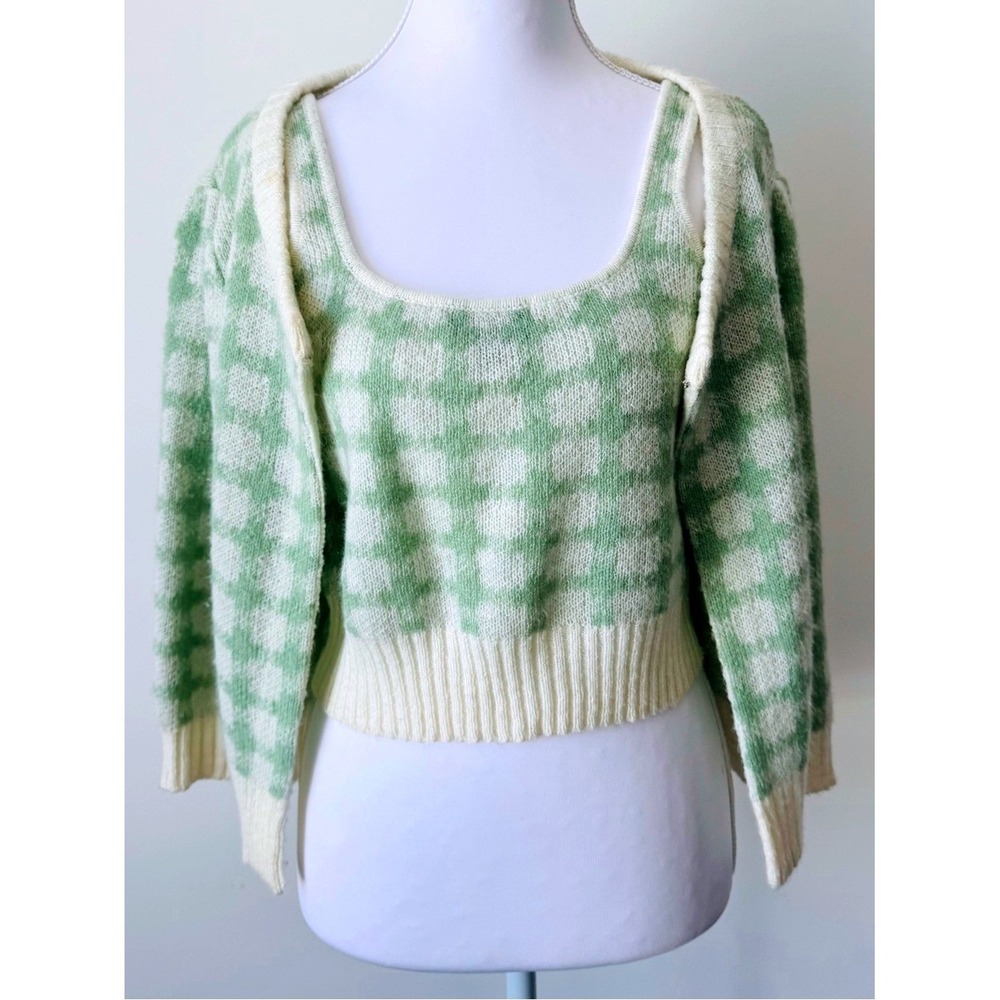Lucy Paris Sweater Set Gingham Knit Cardigan & Tank Sz m/Eu 40